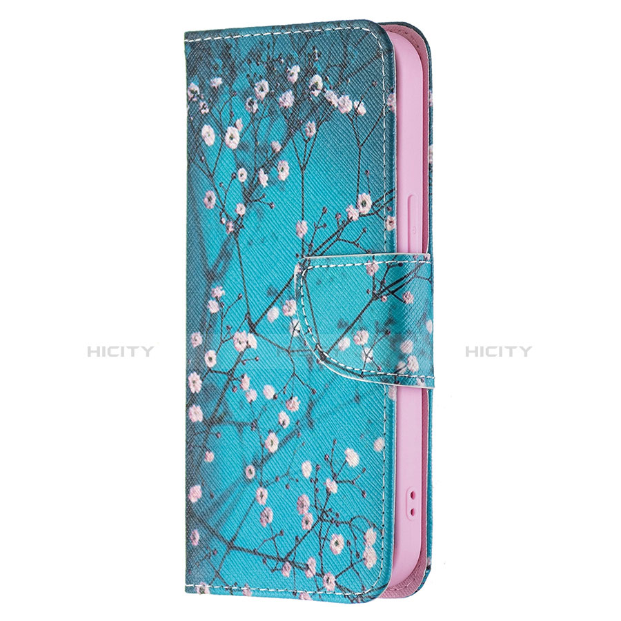 Funda de Cuero Cartera con Soporte Flores Carcasa L01 para Apple iPhone 14 Plus Cian