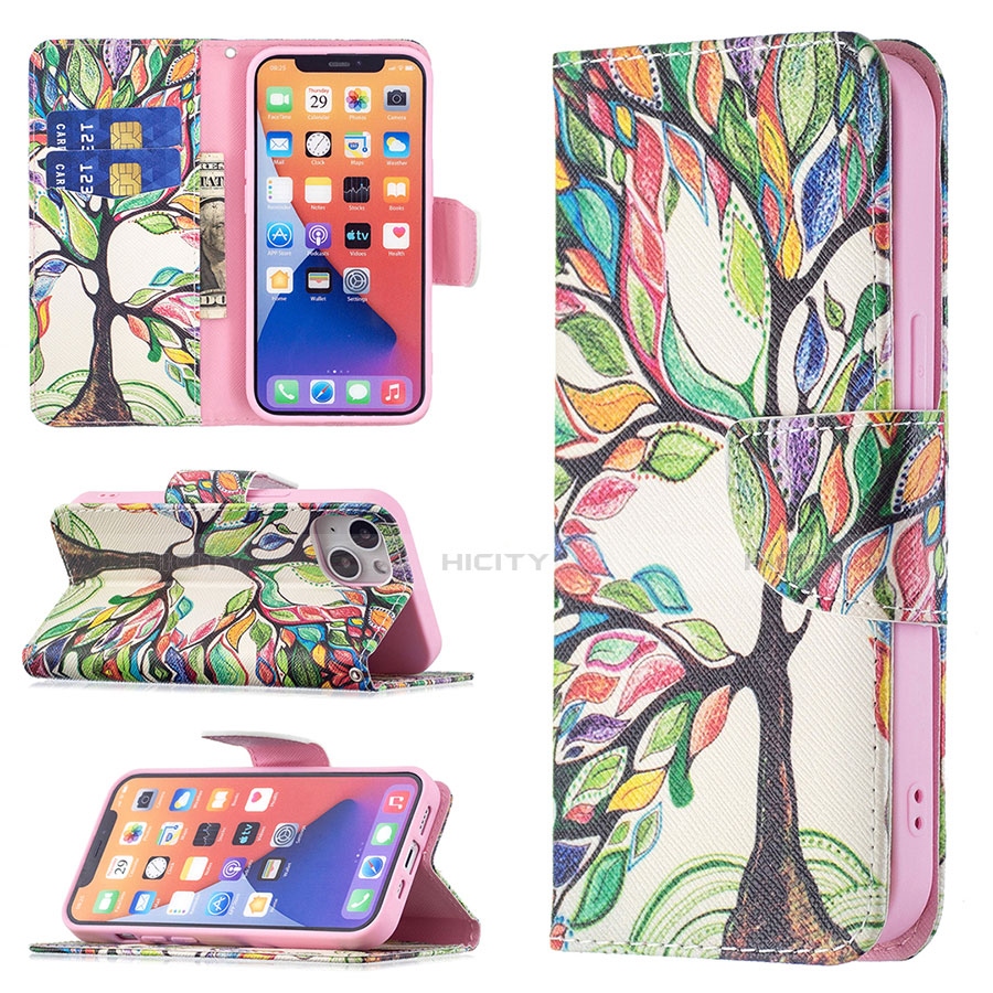 Funda de Cuero Cartera con Soporte Flores Carcasa L02 para Apple iPhone 13 Mini Multicolor