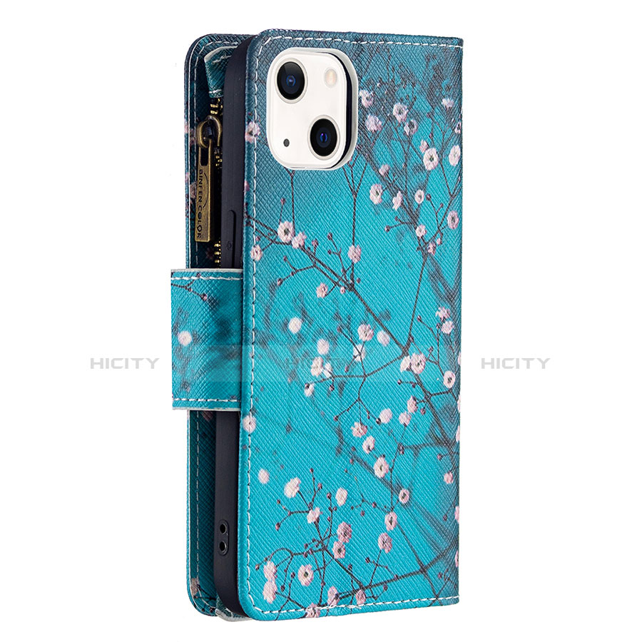 Funda de Cuero Cartera con Soporte Flores Carcasa L03 para Apple iPhone 14 Cian