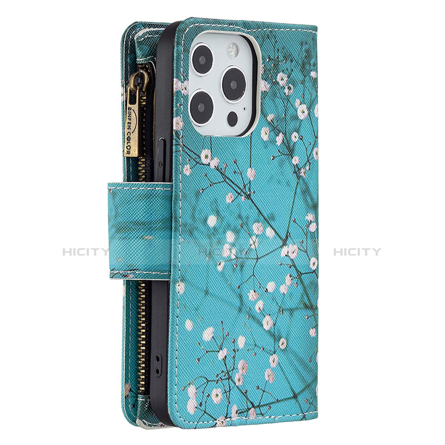 Funda de Cuero Cartera con Soporte Flores Carcasa para Apple iPhone 13 Pro Cian