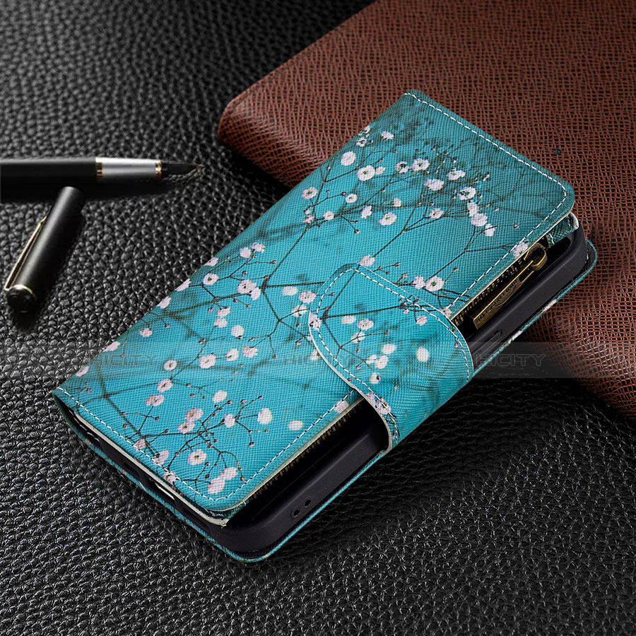 Funda de Cuero Cartera con Soporte Flores Carcasa para Apple iPhone 13 Pro Cian