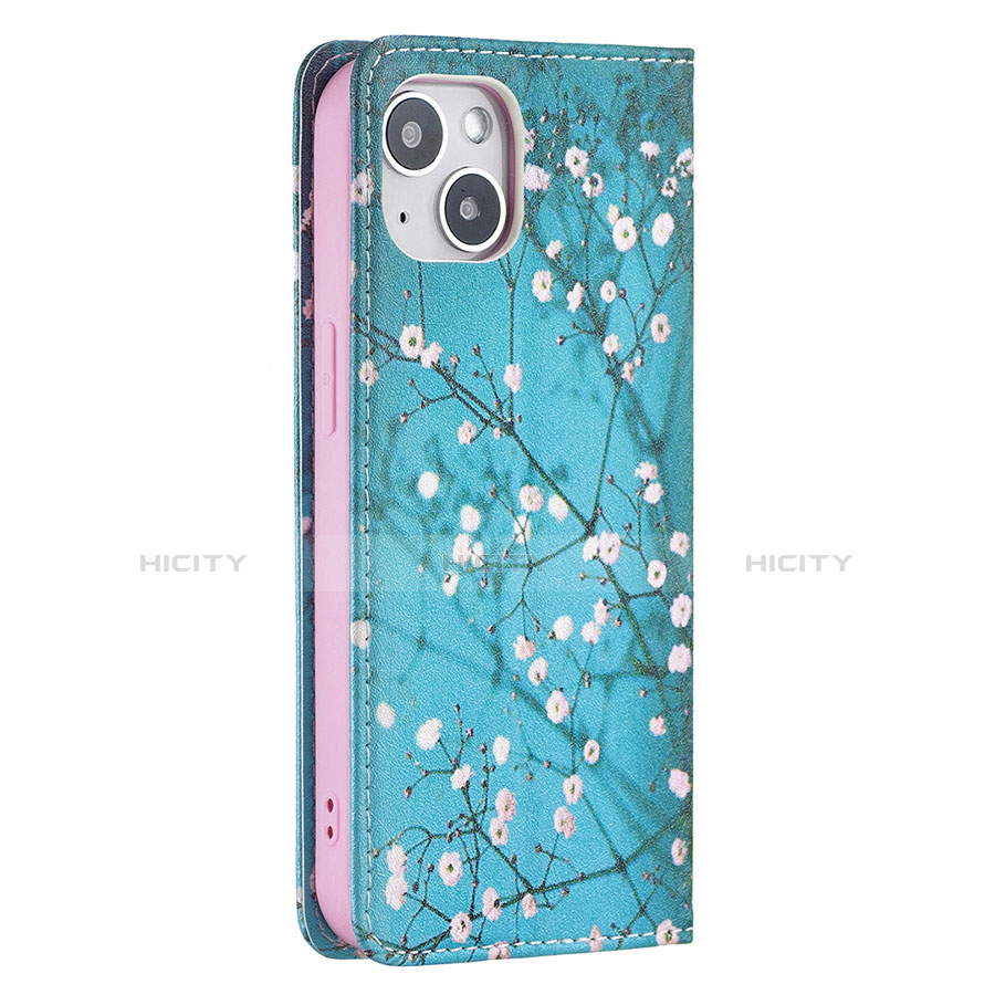 Funda de Cuero Cartera con Soporte Flores Carcasa para Apple iPhone 14 Cian