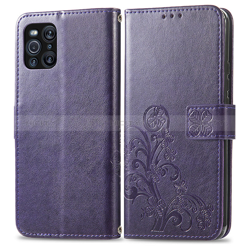 Funda de Cuero Cartera con Soporte Flores Carcasa para Oppo Find X3 5G Morado