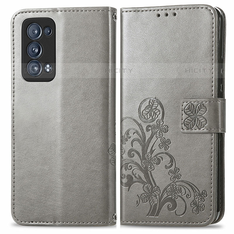 Funda de Cuero Cartera con Soporte Flores Carcasa para Oppo Reno6 Pro 5G Gris