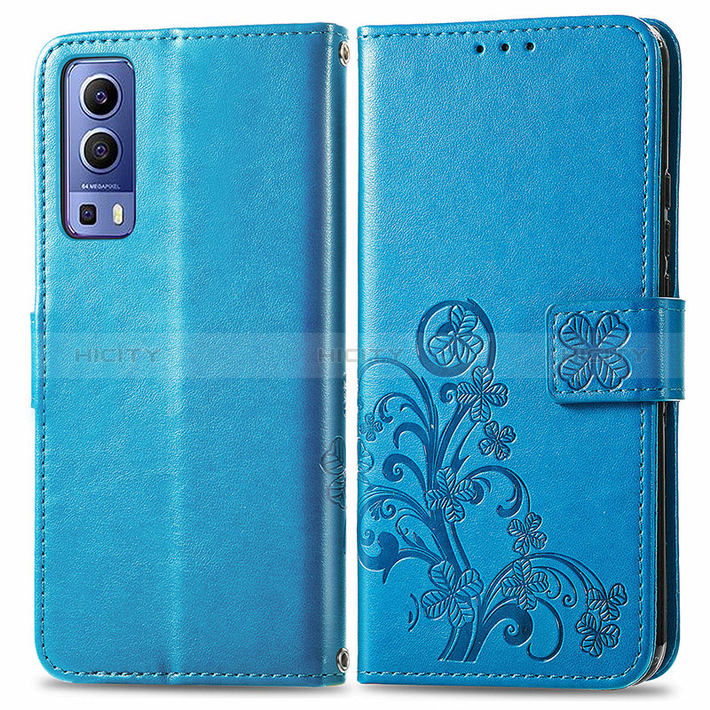 Funda de Cuero Cartera con Soporte Flores Carcasa para Vivo Y75s 5G Azul