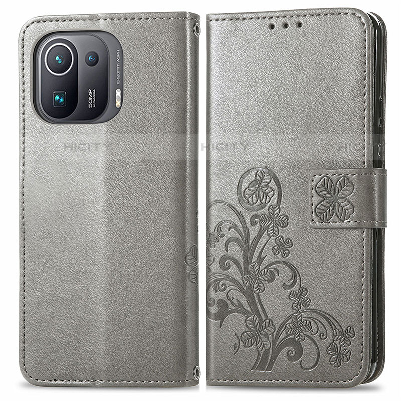 Funda de Cuero Cartera con Soporte Flores Carcasa para Xiaomi Mi 11 Pro 5G Gris