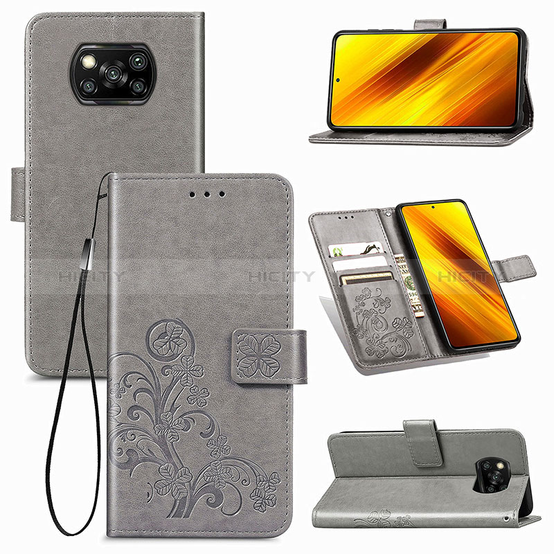 Funda de Cuero Cartera con Soporte Flores Carcasa para Xiaomi Poco X3 Pro Gris