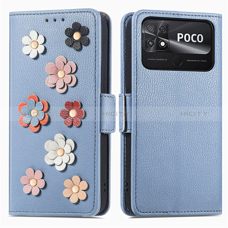 Funda de Cuero Cartera con Soporte Flores Carcasa S02D para Xiaomi Poco C40 Azul