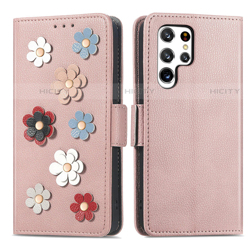 Funda de Cuero Cartera con Soporte Flores Carcasa S04D para Samsung Galaxy S22 Ultra 5G Oro Rosa