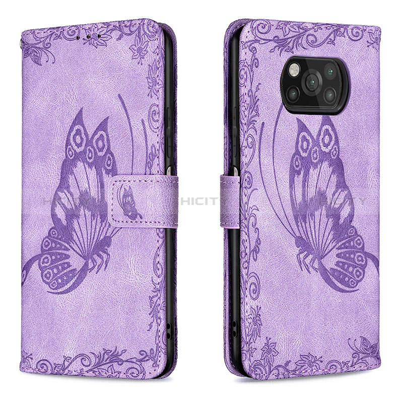 Funda de Cuero Cartera con Soporte Mariposa Carcasa B02F para Xiaomi Poco X3 NFC Purpura Claro