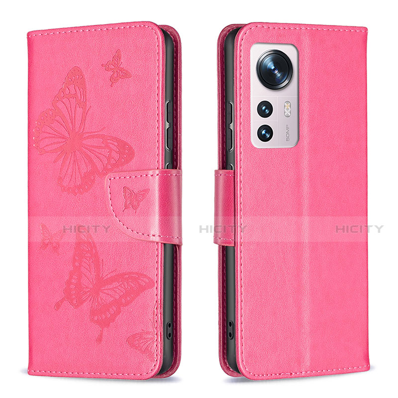 Funda de Cuero Cartera con Soporte Mariposa Carcasa B13F para Xiaomi Mi 12 5G Rosa Roja