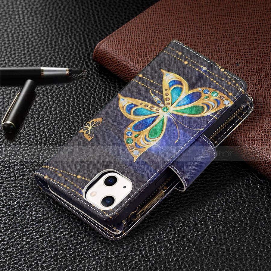 Funda de Cuero Cartera con Soporte Mariposa Carcasa L01 para Apple iPhone 13 Mini Negro