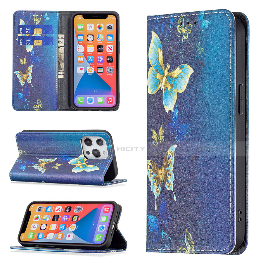 Funda de Cuero Cartera con Soporte Mariposa Carcasa L01 para Apple iPhone 13 Pro Azul