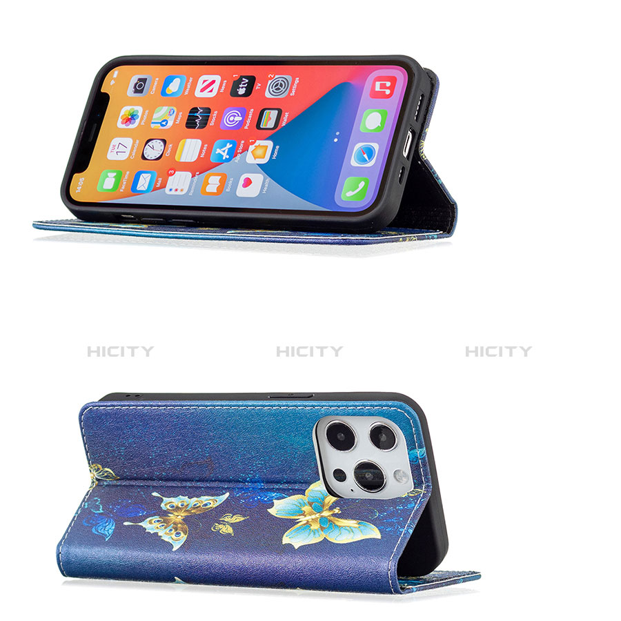 Funda de Cuero Cartera con Soporte Mariposa Carcasa L01 para Apple iPhone 13 Pro Azul