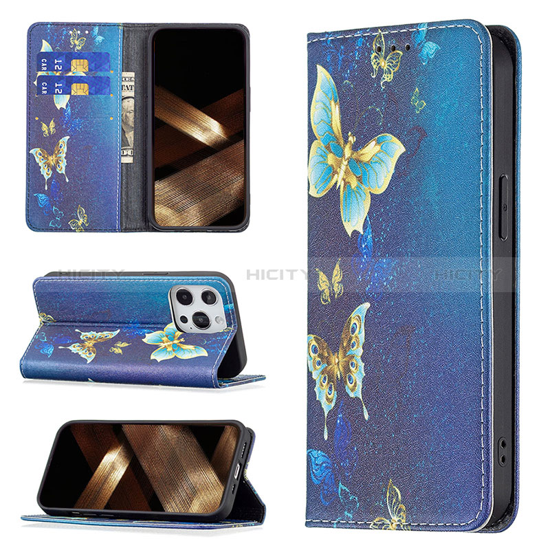 Funda de Cuero Cartera con Soporte Mariposa Carcasa L01 para Apple iPhone 14 Pro Azul