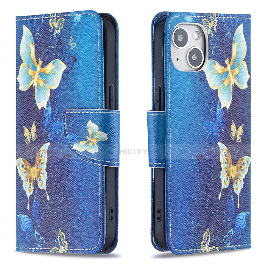Funda de Cuero Cartera con Soporte Mariposa Carcasa L07 para Apple iPhone 13 Mini Azul
