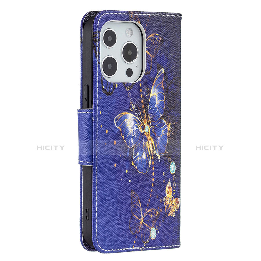 Funda de Cuero Cartera con Soporte Mariposa Carcasa L07 para Apple iPhone 13 Pro Azul Real