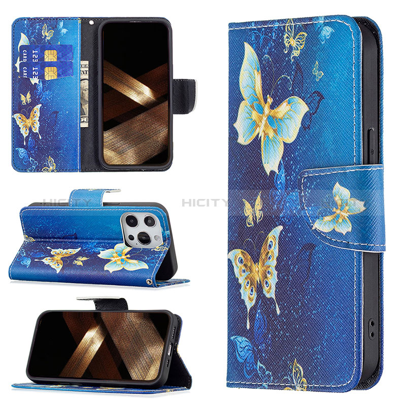 Funda de Cuero Cartera con Soporte Mariposa Carcasa L07 para Apple iPhone 14 Pro Azul