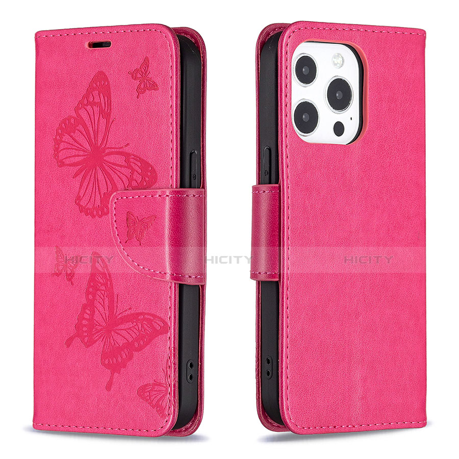 Funda de Cuero Cartera con Soporte Mariposa Carcasa L09 para Apple iPhone 13 Pro Max Rosa Roja