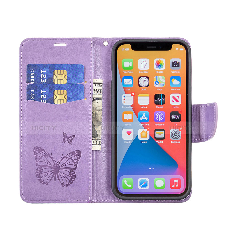 Funda de Cuero Cartera con Soporte Mariposa Carcasa L09 para Apple iPhone 13 Pro Morado