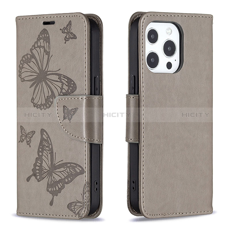 Funda de Cuero Cartera con Soporte Mariposa Carcasa L09 para Apple iPhone 14 Pro Max Gris Oscuro