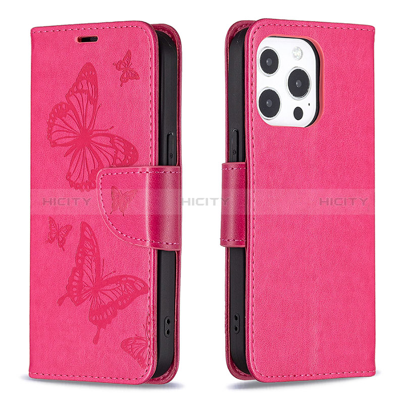 Funda de Cuero Cartera con Soporte Mariposa Carcasa L09 para Apple iPhone 14 Pro Max Rosa Roja
