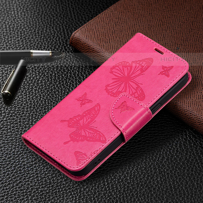 Funda de Cuero Cartera con Soporte Mariposa Carcasa L09 para Apple iPhone 15 Pro Rosa Roja
