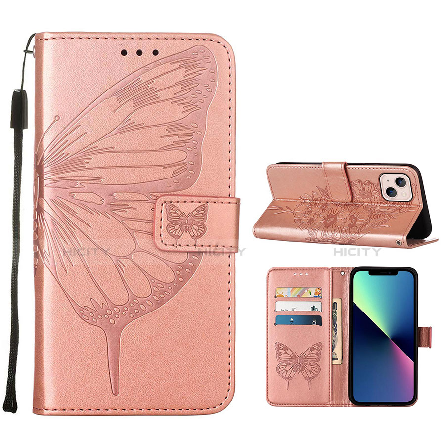 Funda de Cuero Cartera con Soporte Mariposa Carcasa L10 para Apple iPhone 14 Oro Rosa
