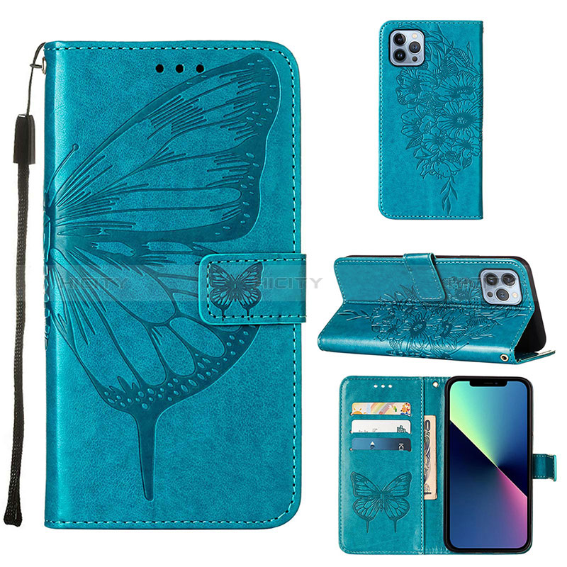 Funda de Cuero Cartera con Soporte Mariposa Carcasa L10 para Apple iPhone 14 Pro Azul