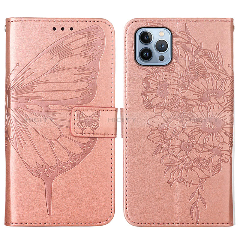 Funda de Cuero Cartera con Soporte Mariposa Carcasa L10 para Apple iPhone 14 Pro Oro Rosa