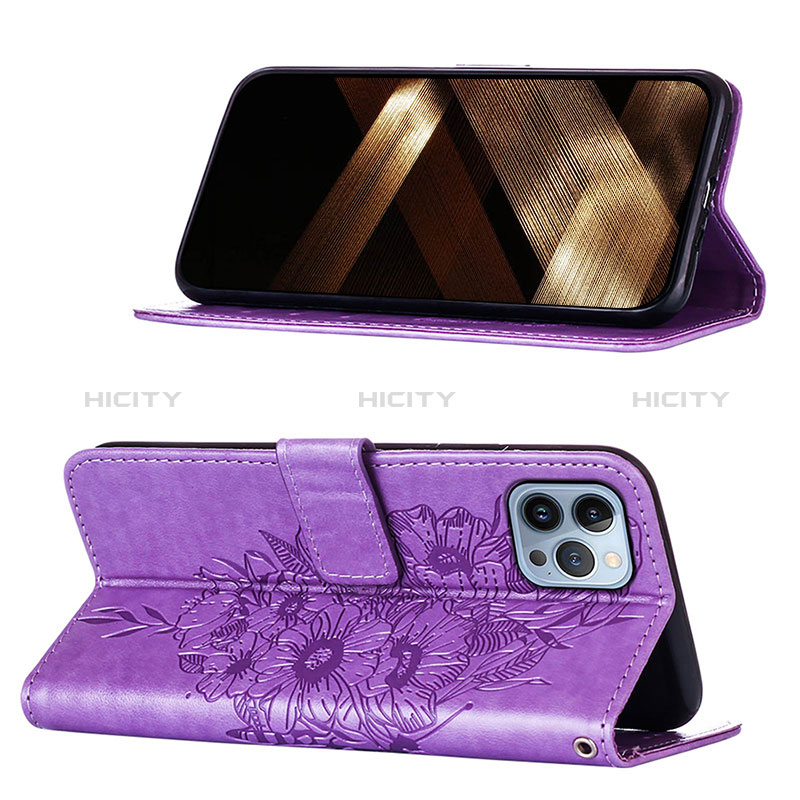 Funda de Cuero Cartera con Soporte Mariposa Carcasa L10 para Apple iPhone 14 Pro Purpura Claro