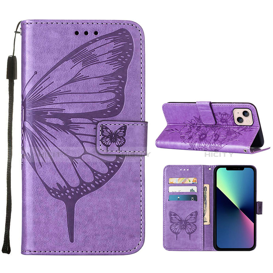 Funda de Cuero Cartera con Soporte Mariposa Carcasa L10 para Apple iPhone 14 Purpura Claro