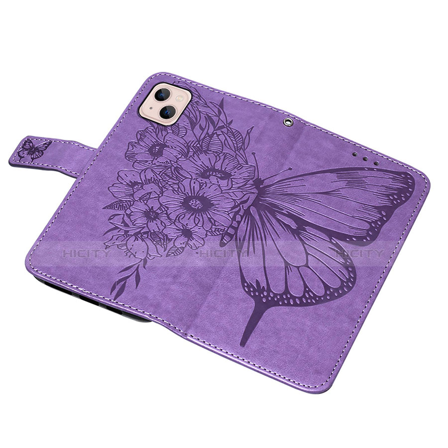 Funda de Cuero Cartera con Soporte Mariposa Carcasa L10 para Apple iPhone 14 Purpura Claro