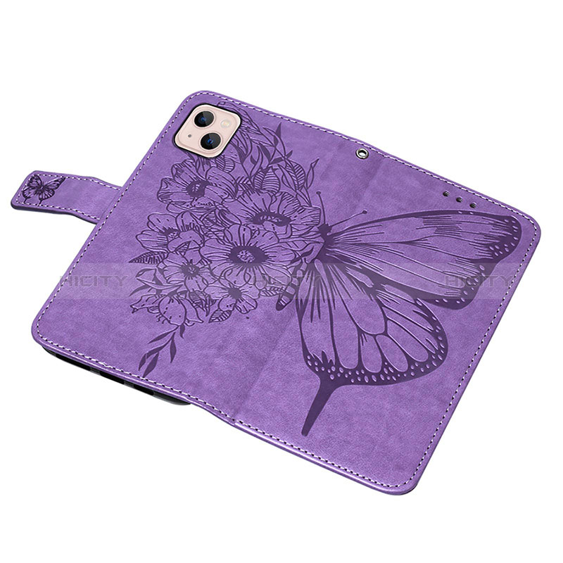 Funda de Cuero Cartera con Soporte Mariposa Carcasa L10 para Apple iPhone 15 Plus Purpura Claro