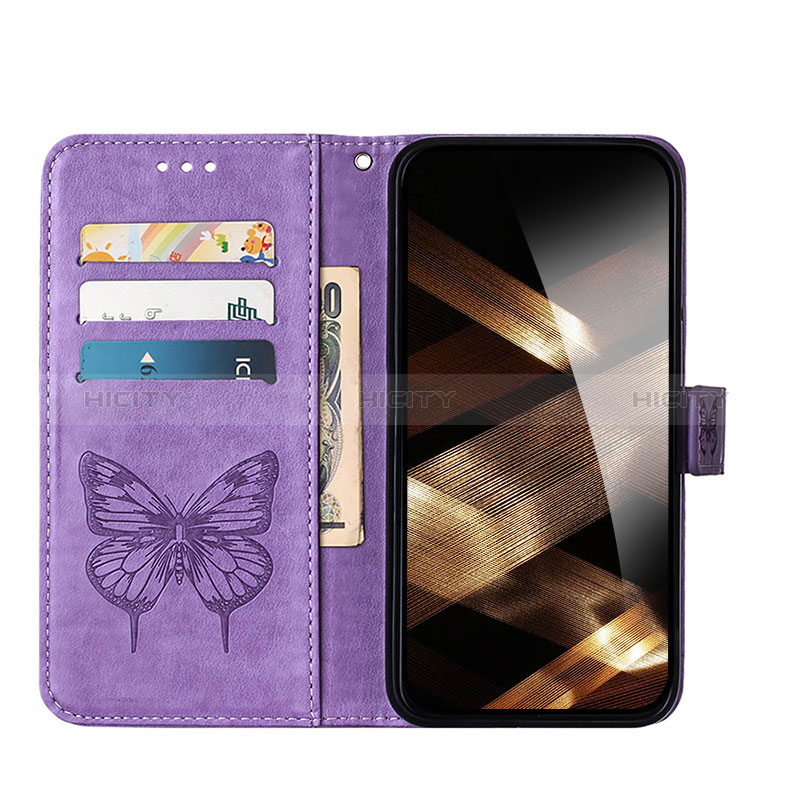 Funda de Cuero Cartera con Soporte Mariposa Carcasa L10 para Apple iPhone 15 Purpura Claro