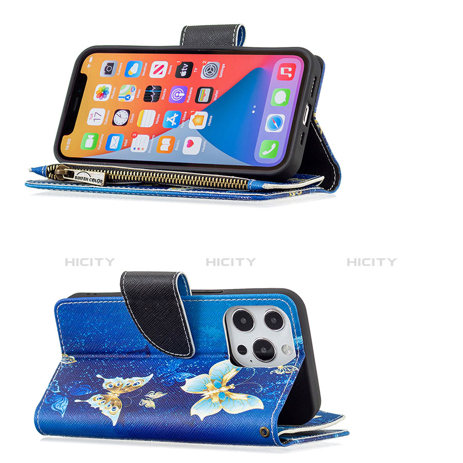 Funda de Cuero Cartera con Soporte Mariposa Carcasa para Apple iPhone 13 Pro Azul