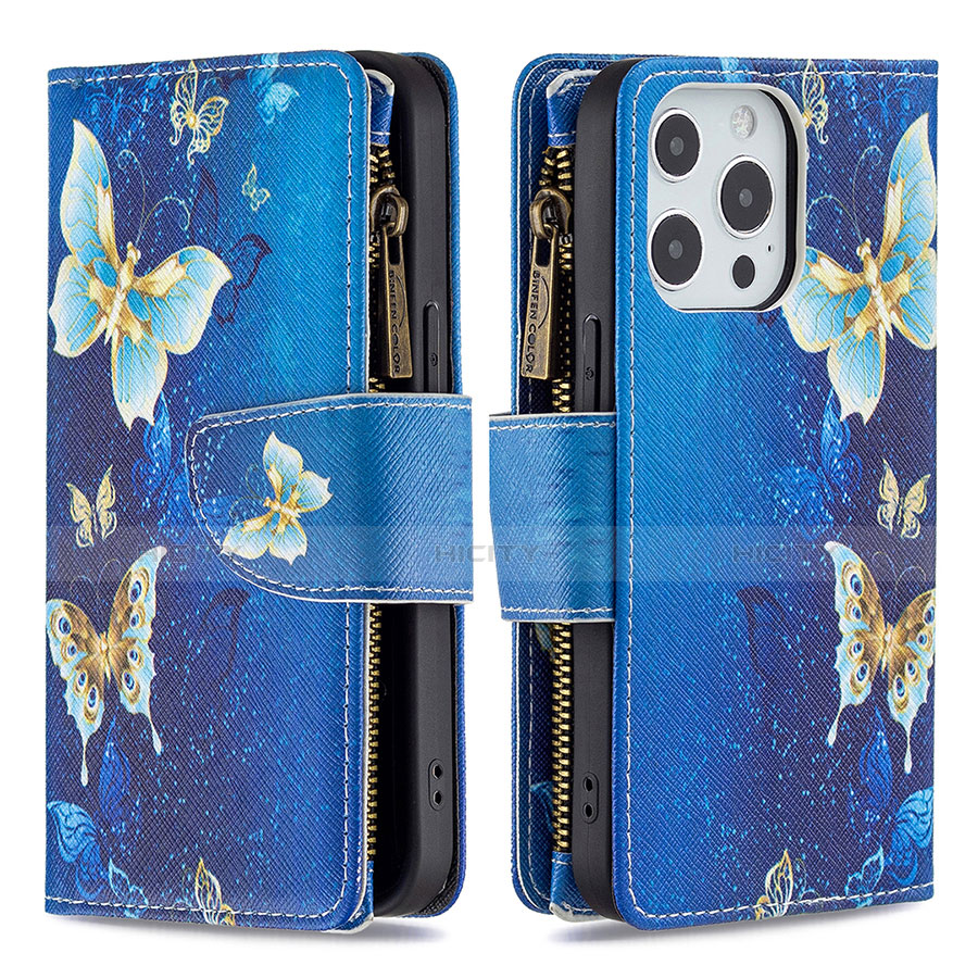 Funda de Cuero Cartera con Soporte Mariposa Carcasa para Apple iPhone 13 Pro Max Azul