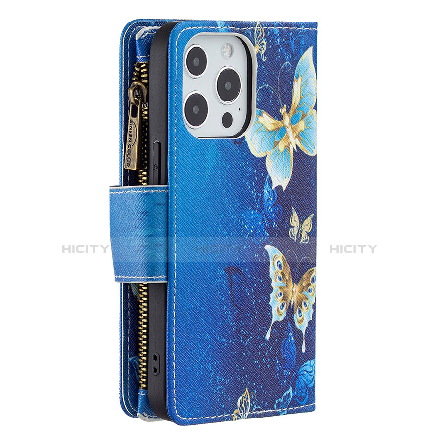 Funda de Cuero Cartera con Soporte Mariposa Carcasa para Apple iPhone 13 Pro Max Azul