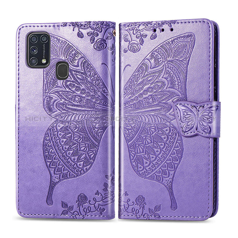 Funda de Cuero Cartera con Soporte Mariposa Carcasa para Samsung Galaxy M21s Purpura Claro