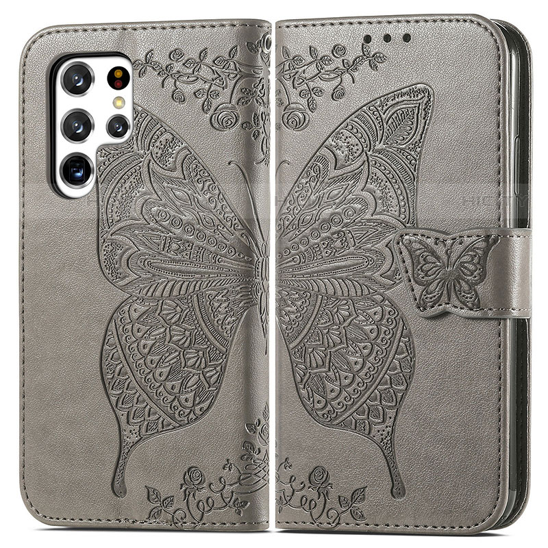 Funda de Cuero Cartera con Soporte Mariposa Carcasa para Samsung Galaxy S22 Ultra 5G Gris