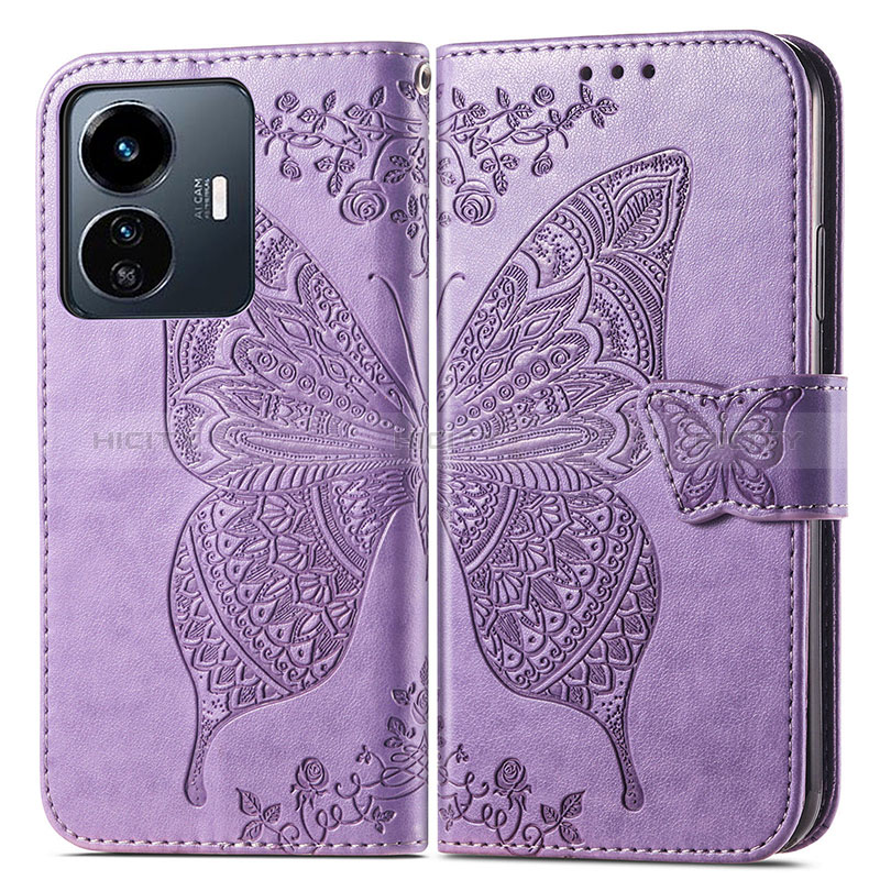 Funda de Cuero Cartera con Soporte Mariposa Carcasa para Vivo Y77e 5G Purpura Claro