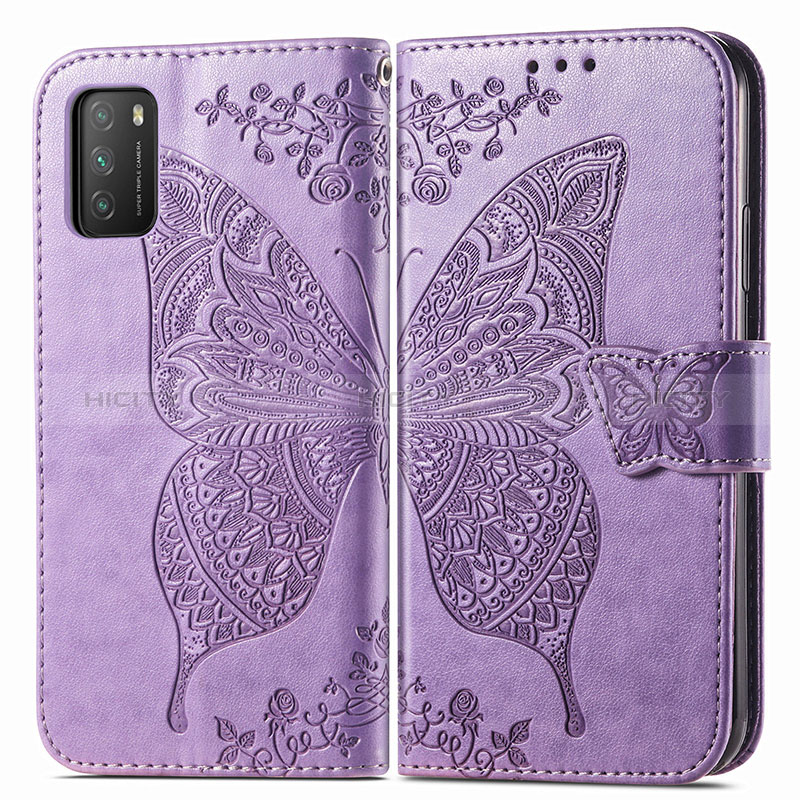 Funda de Cuero Cartera con Soporte Mariposa Carcasa para Xiaomi Poco M3 Purpura Claro