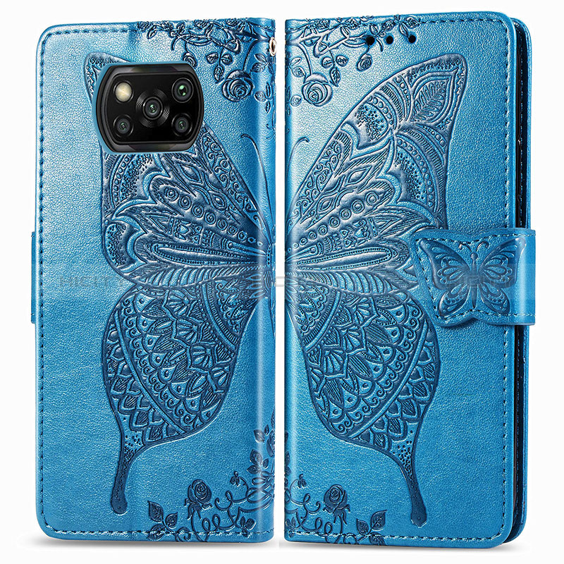 Funda de Cuero Cartera con Soporte Mariposa Carcasa para Xiaomi Poco X3 NFC Azul