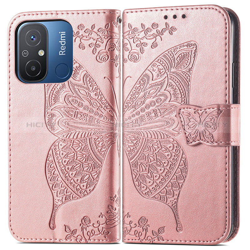 Funda de Cuero Cartera con Soporte Mariposa Carcasa para Xiaomi Redmi 12C 4G Rosa
