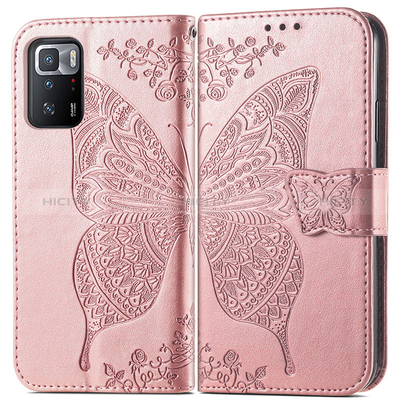 Funda de Cuero Cartera con Soporte Mariposa Carcasa para Xiaomi Redmi Note 10 Pro 5G Rosa