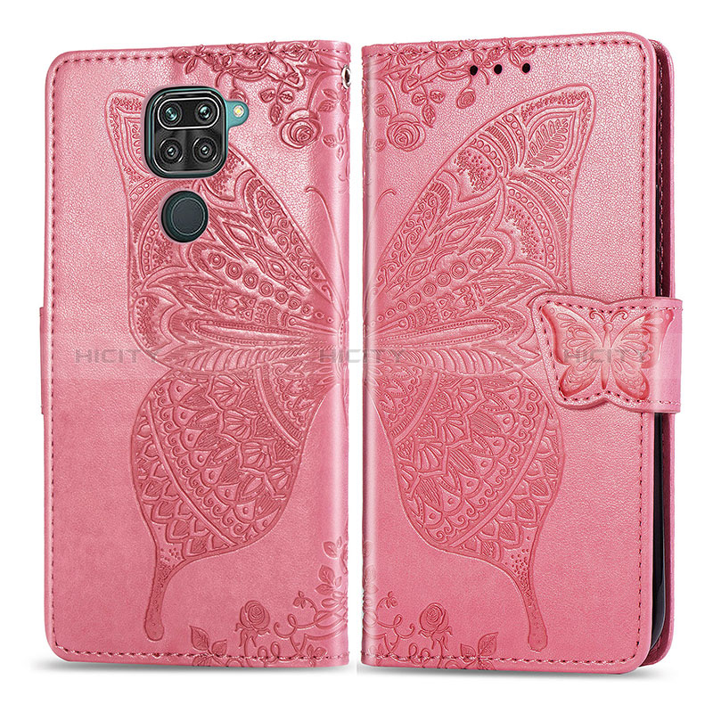 Funda de Cuero Cartera con Soporte Mariposa Carcasa para Xiaomi Redmi Note 9 Rosa Roja