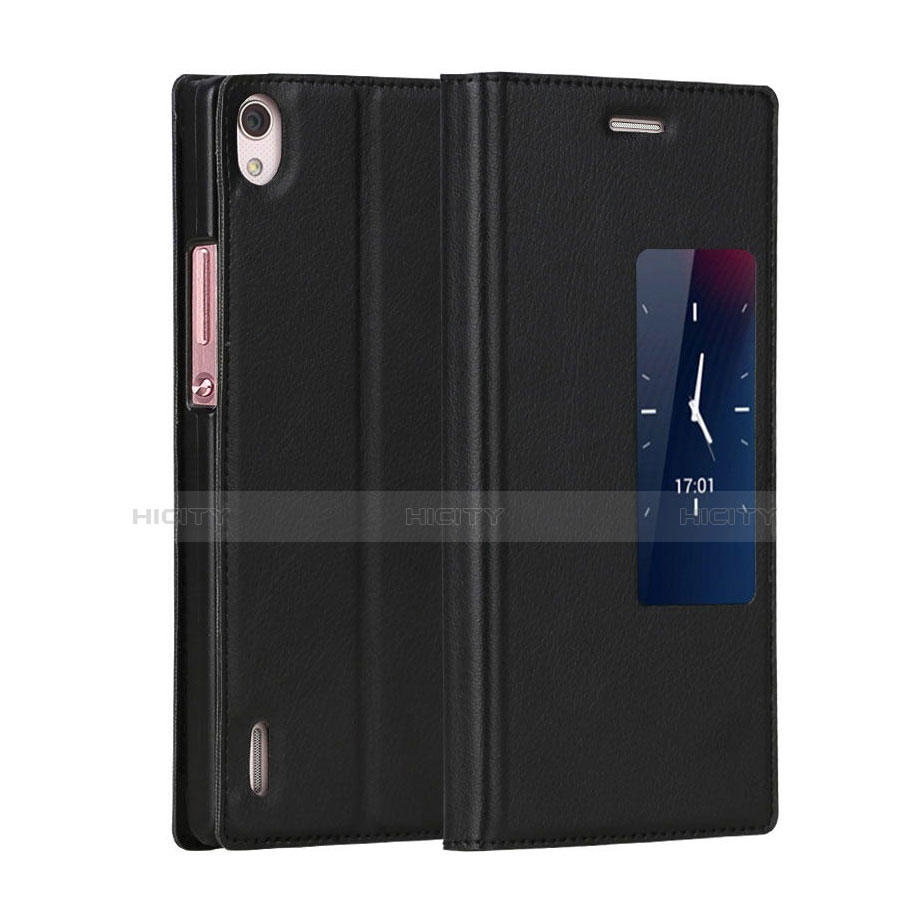 Funda de Cuero Cartera con Soporte para Huawei P7 Dual SIM Negro