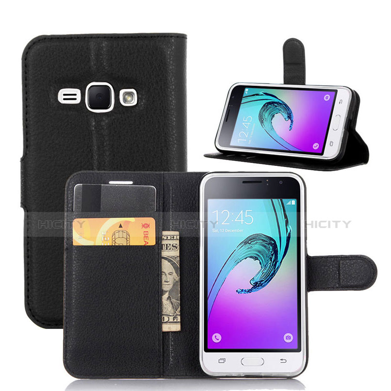 Funda de Cuero Cartera con Soporte para Samsung Galaxy J1 (2016) J120F Negro