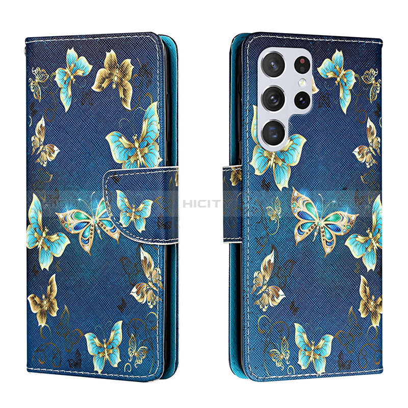 Funda de Cuero Cartera con Soporte Patron de Moda Carcasa H01X para Samsung Galaxy S22 Ultra 5G Azul Real