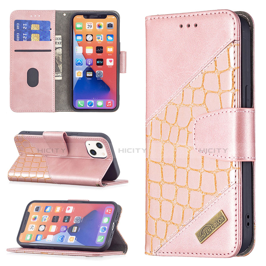 Funda de Cuero Cartera con Soporte Patron de Moda Carcasa L05 para Apple iPhone 13 Mini Oro Rosa